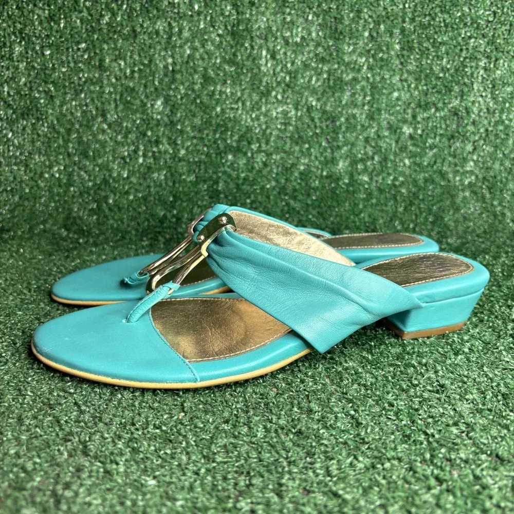 Sofft Leather‎ Hardware Low Wedge Slip On Thong Sandals Turquoise Womens Size 10